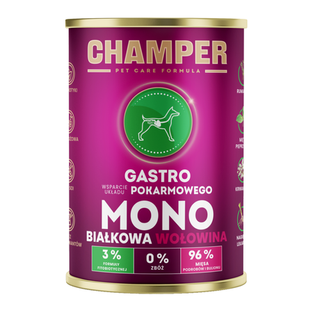 Champer Gastro 400g Monobiałkowa Mokra Karma Dla Psa z Wołowiną Wsparcie Układu Pokarmowego