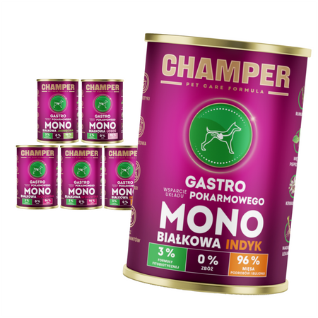 Champer Gastro 6x400g Monobiałkowa Mokra Karma Dla Psa Mix Smaków Wsparcie Układu Pokarmowego