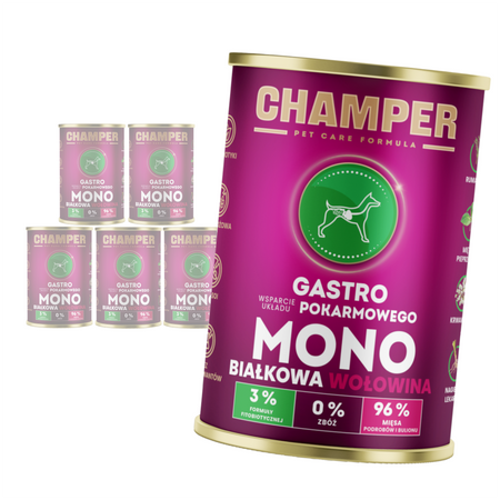 Champer Gastro 6x400g Monobiałkowa Mokra Karma Dla Psa Z Wołowiną Wsparcie Układu Pokarmowego