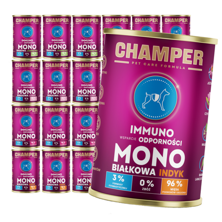 Champer Immuno Monobiałkowa 24x400g Mokra Karma Dla Psa Mix Smaków Wsparcie Odporności