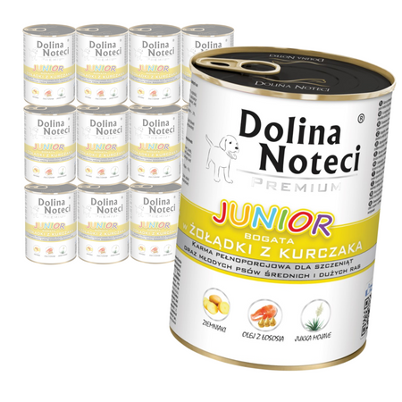 Dolina Noteci Premium Junior 12x400g Mokra Karma Dla Szczeniąt Średnich i Dużych Ras Bogata W Żołądki z Kurczaka