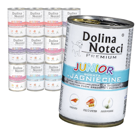 Dolina Noteci Premium Junior Mix 4 Smaków Mokra Karma Dla Szczeniąt 12x400g Indyk Jagnięcina Królik Wołowina