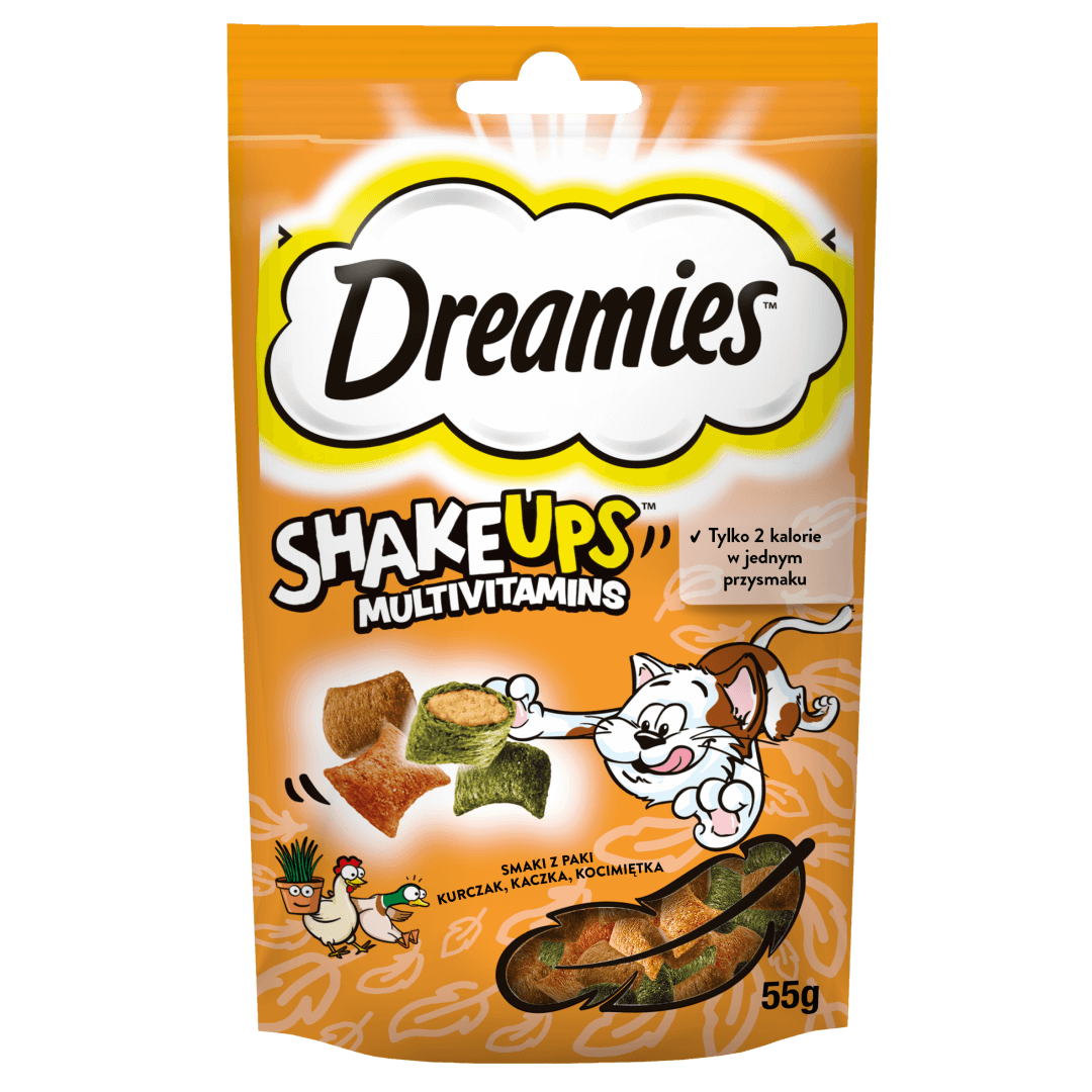 Dreamies Shake Ups Multivitamins 55g Przysmak Dla Kota z Kurczakiem Kaczką i Kocimiętką