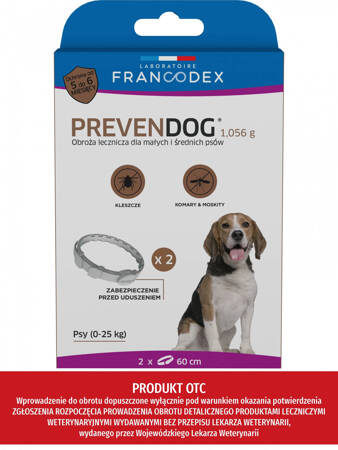 FRANCODEX Obroża biobójcza PREVENDOG 60 cm dla małych i średnich psów do 25 kg - 2 szt.