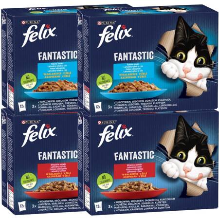 Felix Fantastic Karma Dla Kotów Mix Rybne i Wiejskie Smaki W Galaretce 4,08kg (48x85g)