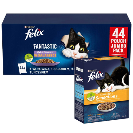 Felix Fantastic Mokra Karma Dla Kota Wybór Smaków W Galaretce 44x85g + Gratis Sucha Karma 1kg