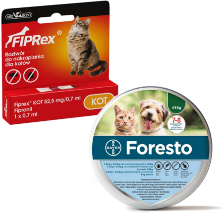 Foresto Bayer Obroża Przeciw Kleszczom I Pchłom Dla Psa I Kota do 8kg + Fiprex Preparat do Zakrapiania Dla Kotów 0,7ml