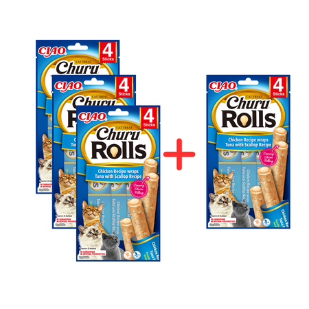 Inaba Cat Churu Rolls 4x40g Przysmak Dla Kota Pałeczki z Nadzieniem Kurczak Tuńczyk Przegrzebki 3+1 Gratis