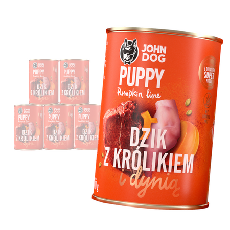 JOHN DOG Karma Mokra Dla Szczeniąt Pumpkin Line Dzik z Królikiem i Dynią Zestaw 6x400g