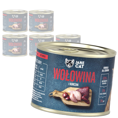 Jane Cat ADULT WOŁOWINA KURCZAK 6x 200g mokra karma dla kotów, bez zbóż