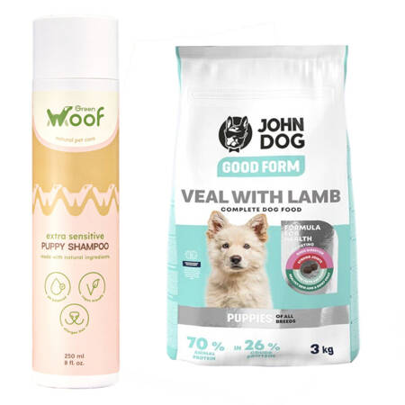 John Dog Good Form Sucha Karma Dla Szczeniąt Cielęcina Z Jagnięciną 12kg + Green Woof Puppy Shampoo Extra Sensitive 250ml