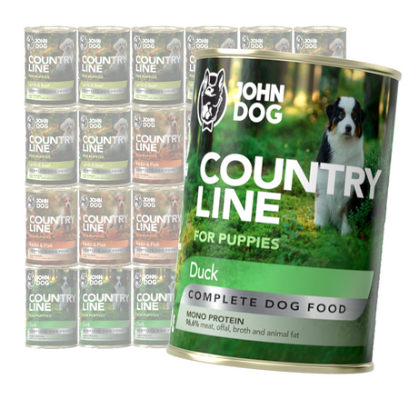 John Dog Puppy Country Line 24x400g Mokra Karma Dla Szczeniąt Mix 3 Smaków Kaczka Królik Z Wieprzowiną Jagnięcina Z Wołowiną