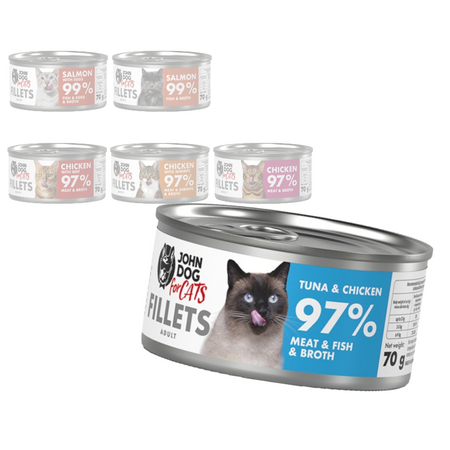 John Dog for Cats Mokra Karma Dla Dorosłych Kotów Mix 6 Smaków 6x70g Łosoś Wołowina Kurczak Tuńczyk Krewetki