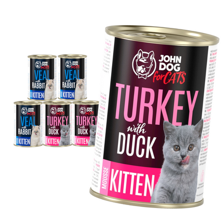 John Dog for Cats Mus Cielęcina z Królikiem i Indyk z Kaczką 6x400g Bezzbożowa Mokra Karma Dla Kociąt