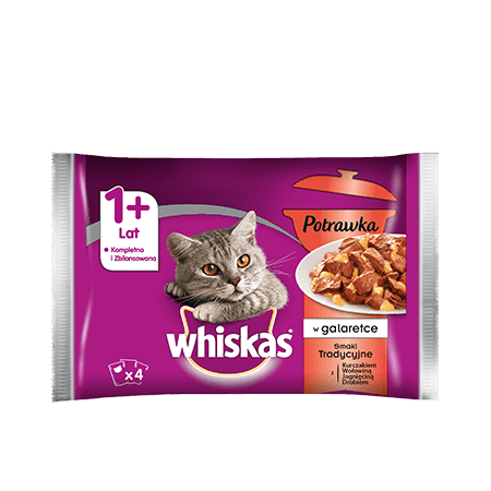 Mokra karma dla kota 1+ WHISKAS Potrawka Smaki Tradycyjne w Galaretce 4x85 g