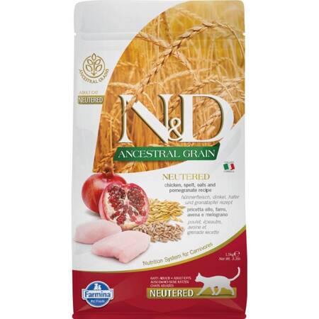 N&D Ancestral Grain Cat Neutered Chicken Adult 1.5kg Karma Sucha Kotów Sterylizowanych Niskozbożowa Kurczak Granat