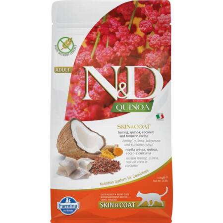 N&D CAT QUINOA SKIN & COAT HERRING 1,5 KG Sucha karma dla kota Skóra i sierść, ze śledziem, quinoa, kokosem i kurkumą