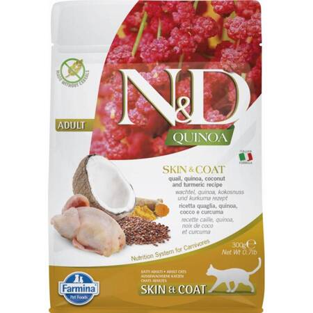 N&D CAT QUINOA SKIN & COAT QUAIL 300gr. Sucha karma dla kota Skóra i sierść, z przepiórką, quinoa, kokosem i kurkumą
