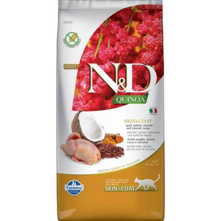 N&D CAT QUINOA SKIN & COAT QUAIL 5 KG Sucha karma dla kota Skóra i sierść, z przepiórką, quinoa, kokosem i kurkumą