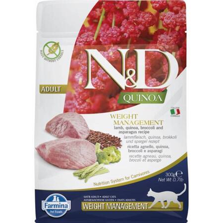 N&D CAT QUINOA WEIGHT MANAGEMENT LAMB & BROCCOLI 300gr Sucha karma dla kotaOdchudzanie, z jagnięciną, quinoa, brokułami i szparagami