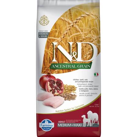 N&D Dog Ancestral Grain Chicken Adult Medium Maxi 12KG Karma Sucha Psy Dorosłe
