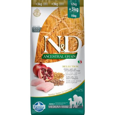 N&D Dog Ancestral Grain Chicken  Adult Medium Maxi 15Kg Karma Sucha Psy Dorosłe