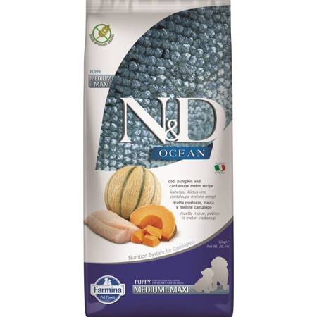 N&D Dog Ocean Cod Melon Puppy Medium Maxi 12kg Sucha Karma Dla Szczeniąt Dorsz Dynia Melon