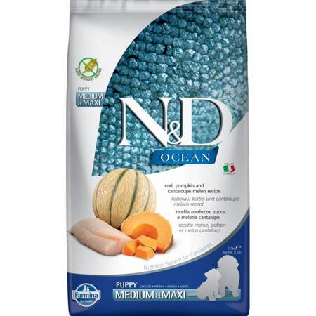 N&D Dog Ocean Cod Pumpkin Cantaloupe Melon Puppy Medium Maxi 2,5kg Sucha Karma dla Szczeniąt Dorsz Dynia Melon