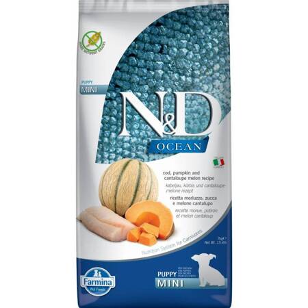 N&D Dog Ocean Cod Pumpkin Cantaloupe Melon Puppy Mini 7kg Sucha Karma dla Szczeniąt Dorsz Dynia Melon