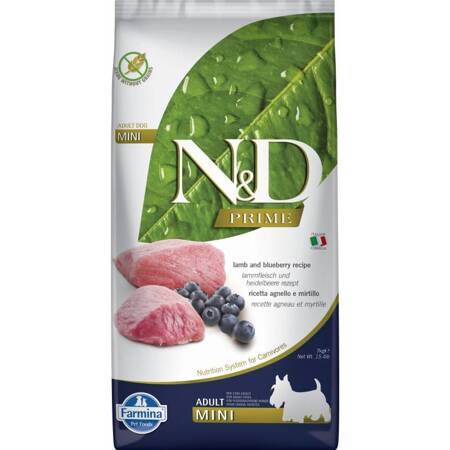 N&D Dog Prime Lamb Blueberry Adult Mini 7KG Sucha Karma Psy Małe Jagnięcina Borówka