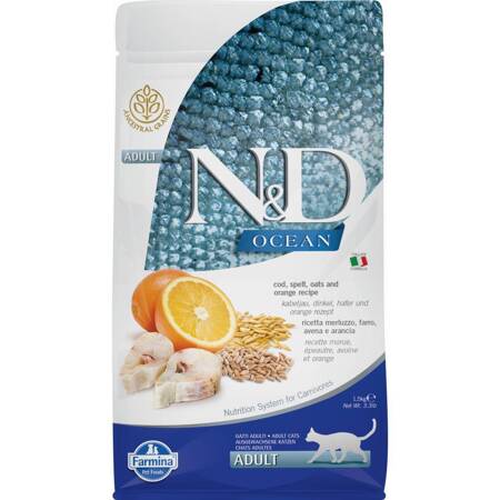 N&D Ocean Cat Codfish Spelt Oats Orange 1,5kg Sucha Karma Dla Kota Dorsz Pomarańcza Owies