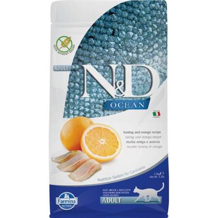 N&D Ocean Cat Herring Orange Adult 1.5kg Karma Sucha Kota Śledź Pomarańcza Bezzbożowa