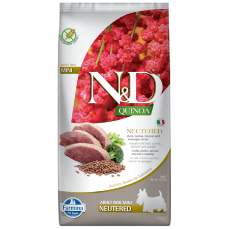 N&D Quinoa Dog Duck Broccoli Asparagus Neutered Adult Mini 7kg Sucha Karma Dla Psa Po Kastracji