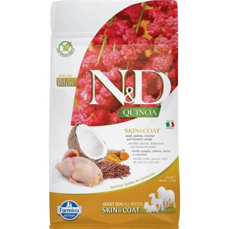 N&D Quinoa Dog Skin Coat Quail Coconut Adult Mini 800g Sucha Karma Dla Psa Przepiórka Kokos 