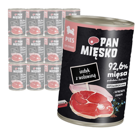 Pan Mięsko Indyk z Wołowiną 12x400g Mokra Karma Dla Szczeniąt