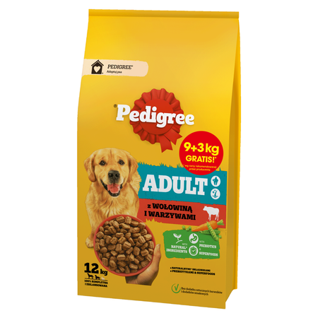 Pedigree Adult 12kg Z Wołowiną I Warzywami Sucha Karma Dla Psów Średnich I Dużych Ras 9+3kg GRATIS