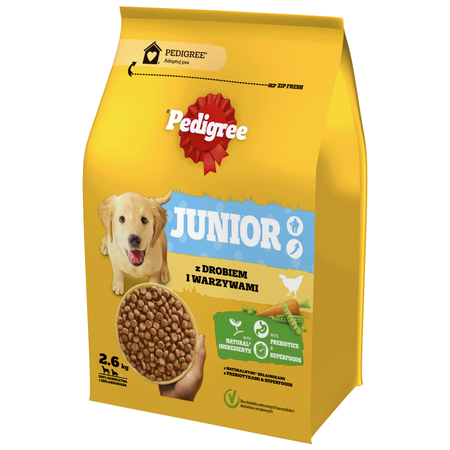 Pedigree Junior 2,6kg Z Drobiem I Warzywami Sucha Karma Dla Szczeniąt Średnich I Dużych Ras