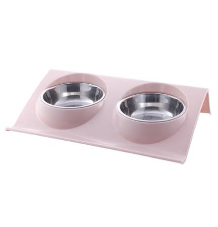 Podwójna miska metalowa z podstawką dla psa i kota 2x 0.34L Różowa L