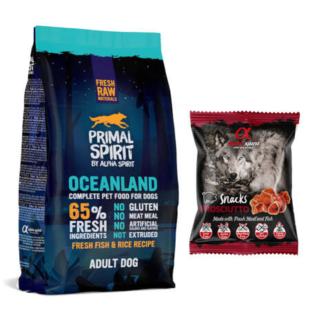 Primal Spirit Oceanland 1kg Sucha Karma Dla Psa Z Rybą Kurczakiem I Ryżem + Alpha Spirit Przysmak Z Prosciutto 50g