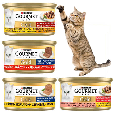 Purina Gourmet Gold Mokra Karma Dla Kotów Mus Kurczak Wołowina Kawałki w Sosie Łosoś Kurczak 24x85g