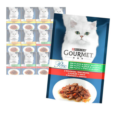 Purina Gourmet Perle z Wołowiną i Kurczakiem 12x85g Mini Fileciki w Sosie z Warzywami Mokra Karma Dla Kota