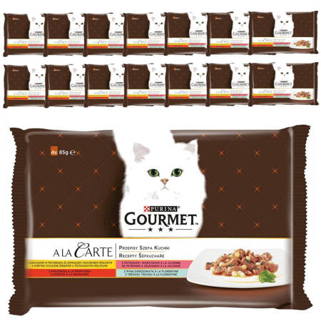 Purina Gourmet a La Carte Karma Dla Kotów Przepisy Szefa Kuchni 15x340g (60 saszetek) Wołowina Kurczak Pstrąg Dorsz