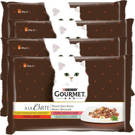 Purina Gourmet a La Carte Karma Dla Kotów Przepisy Szefa Kuchni 4x340g (16 saszetek) Wołowina Kurczak Pstrąg Dorsz