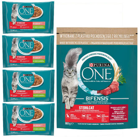 Purina One Sterilcat Mokra Karma Dla Kota z Łososiem i Indykiem 16x85g + Sucha Bifensis z Wołowiną 800g