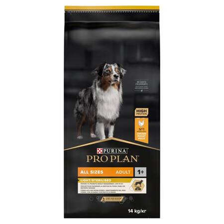 Purina Pro Plan Adult Light Sterilised 14kg Sucha Karma Dla Dorosłych Psów z Kurczakiem