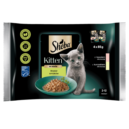 Sheba Kitten 4x85g Mokra Karma Pełnoporcjowa Dla Kociąt w Sosie Kawałki z Łososiem i Kurczakiem