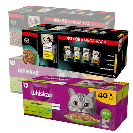 Sheba Selection In Sauce 80x85g + Whiskas Adult w Galaretce 80x85g Mokra Karma Dla Kota Drobiowe i Rybne Smaki