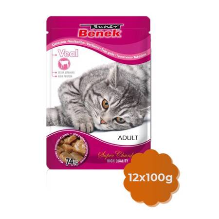 Super Benek Adult 12x100g z Kawałkami Cielęciny w Sosie - Mokra Karma dla Kotów w Saszetkach, 74% mięsa