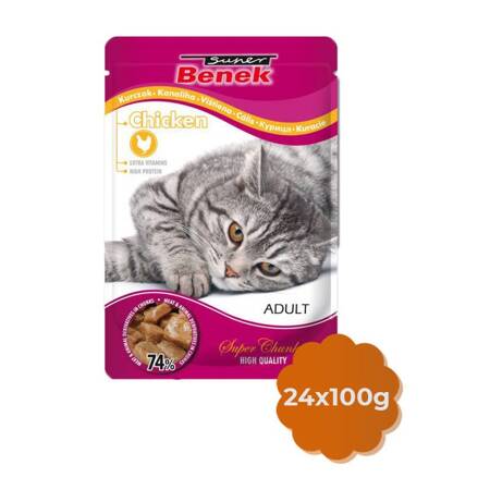 Super Benek Adult 24x100g z Kawałkami Kurczaka w Sosie - Mokra Karma dla Kotów w Saszetkach, 74% mięsa