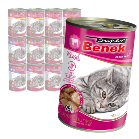 Super Benek Chunks Bezzbożowa Mokra Karma Dla Kota Mix 5 Smaków W Sosie 12x415g Cielęcina Królik Kaczka Indyk Dziczyzna